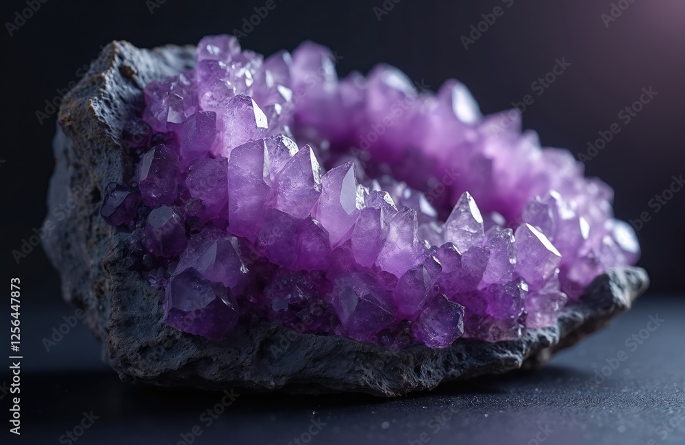 Poster illustration of purple amethyst crystal geode on black background. rough dark stone with violet mine