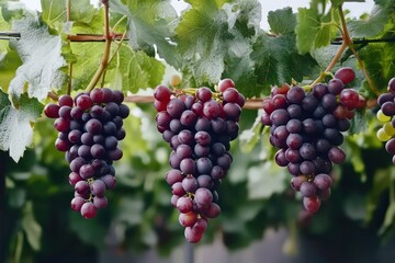 Fototapeta premium Clusters of ripe grapes dangle lushly from healthy vines in a vibrant vineyard, representing abundance and spiritual joy traditionally linked to religious celebrations