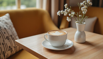 Coffee cup with latte art on wooden table with flowers