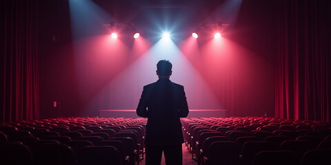 Fototapeta premium Man in suit preparing to perform on stage with dramatic lighting