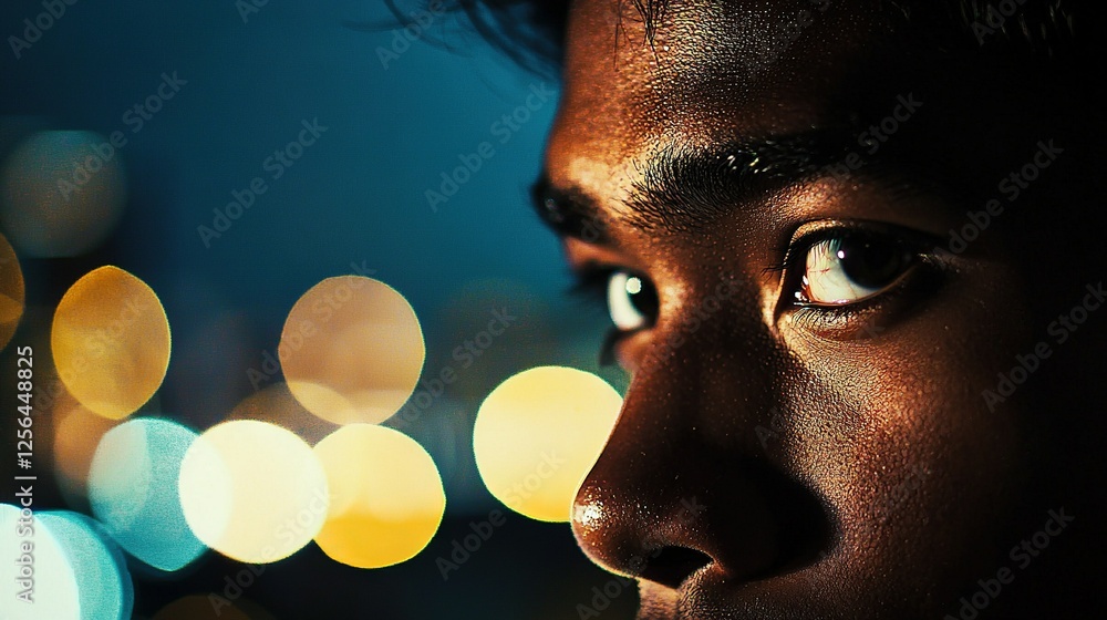 Poster close-up of a man's face against a bokeh light background
