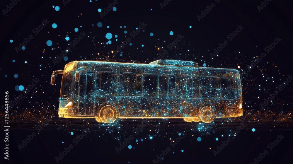 Poster bus of particles on a dark background. bus from circles and points