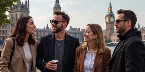 Group of friends laughing together by the Thames River