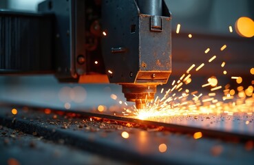 Fiber laser cuts metal plate, modern hi-tech sheet. Sparks fly during metal manufacturing process. Laser cutting machine offers accuracy, precision. Tool with energy, mechanical work in engineering