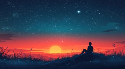 Fototapeta premium Silhouette of a Person Sitting on a Rock, Gazing at a Stunning Sunset Under a Starry Sky with Red and Blue Hues, Surrounded by Nature Elements