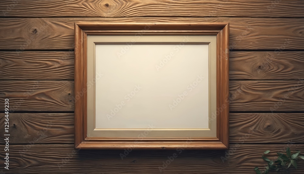 Poster vintage blank wooden frame with mat on wood wall. thin horizontal photo picture retro design. empty 
