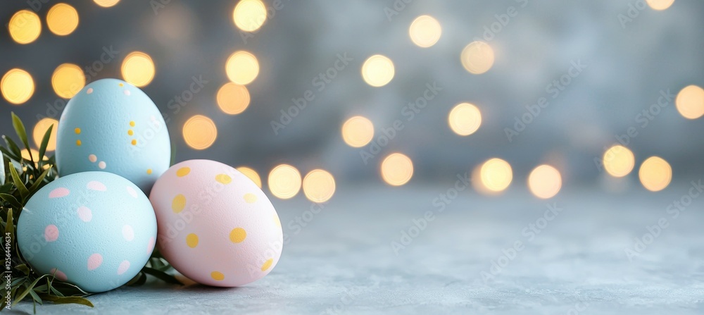 Poster three painted eggs are on a table with a light background