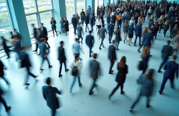 Long exposure shot of crowd in bright office lobby. Business people walking fast. Lot of blurry persons. Blue corporate background. Workforce returns to workplaces. Human resources management
