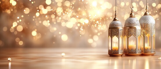 Fototapeta premium Golden Ramadan Background with White Lanterns and Arabic Decoration, Elegant Banner