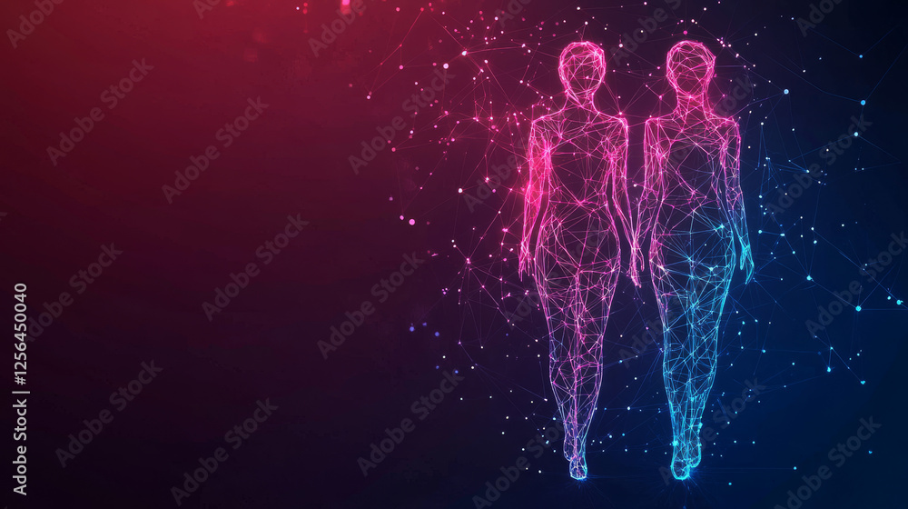 Poster hologram gender signs. gender signs made of polygons, triangles of dots and lines. gender signs icon