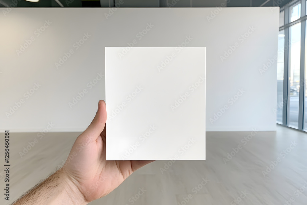 Poster hand holding blank square card in minimalist room. white walls and floors create a clean, modern bac