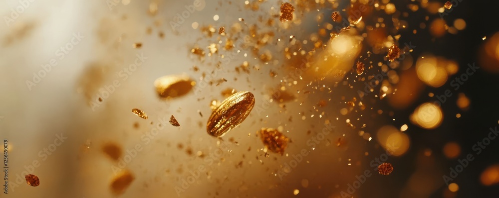 Poster sparkling golden particles floating in air with soft bokeh effect