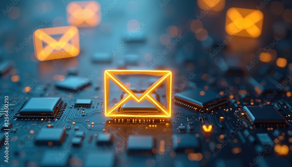 Leinwandbilder electronic mail envelope on blue circuit board background. futuristic digital interface glowing icon