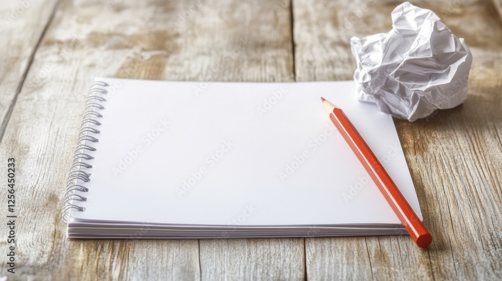 Poster bright wooden desk with open notebook and pencil encourages creativity and idea generation during wo