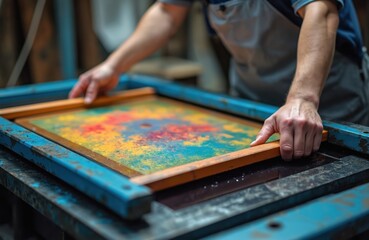 Man using printing machine in workshop. Male worker pressing colorful ink on frame in production workplace. Screen printing manufacturing process. Factory employee at manual textile press. Design