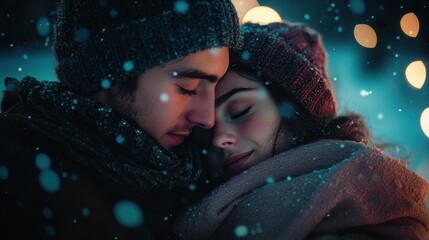 Romantic Couple Embracing in Cozy Winter Evening with Warm Bokeh Lights
