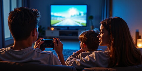 Family playing video games on the couch at home