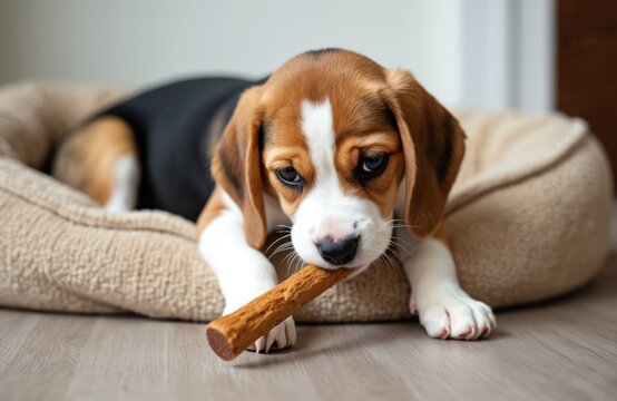 Beagle puppy chewing dog snack stick at home. Young cute purebred pet eats canine food treat in cozy bed. Doggy enjoys reward, good for dental health.
