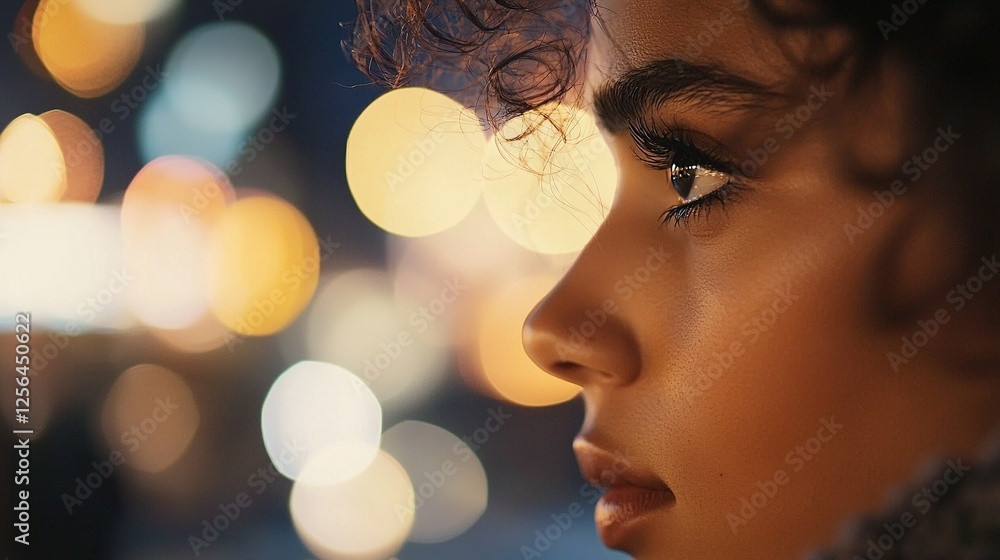Poster a photo of a woman's face with a fuzzy background due to bokeh-style lighting