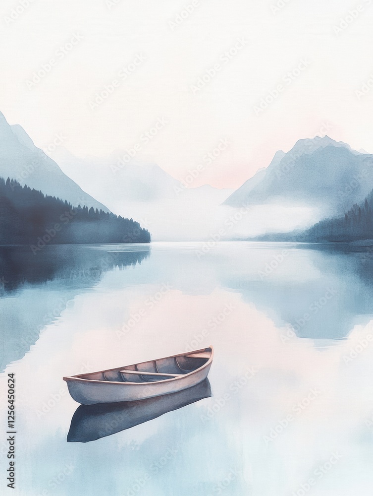 Poster serene watercolor illustration of a rowboat on a calm mountain lake under a clear sky. generative ai