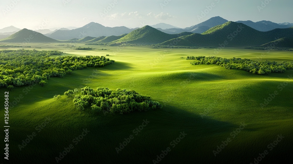 Poster aerial view of green field with trees and mountain range in background