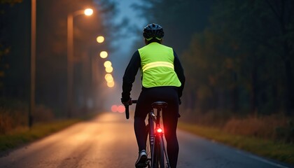 Night cyclist rides along asphalt road wearing reflective safety vest. Back view of bicyclist illuminated by street lights, taillight. Evening workout, healthy lifestyle, safe urban commute concept.