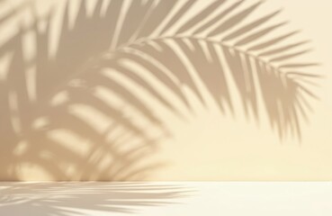 Minimal summer background with natural palm leaf shadow. Pastel colored aesthetic photo with palm plant shadow on the wall and table. Can be used for product presentation.