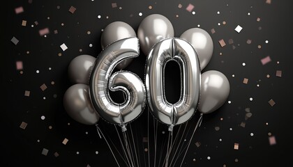 Silver number 60 balloon floats on black background with falling confetti. Celebrate sixtieth birthday anniversary with shiny metallic balloons bunch for party decoration. Festive graphic design for