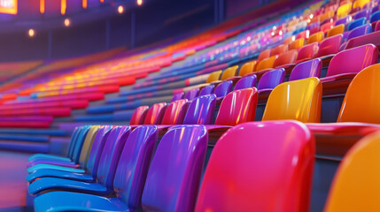 Fototapeta premium A fragment of the grandstand of an sports stadium with multi-colored seats. Empty seats