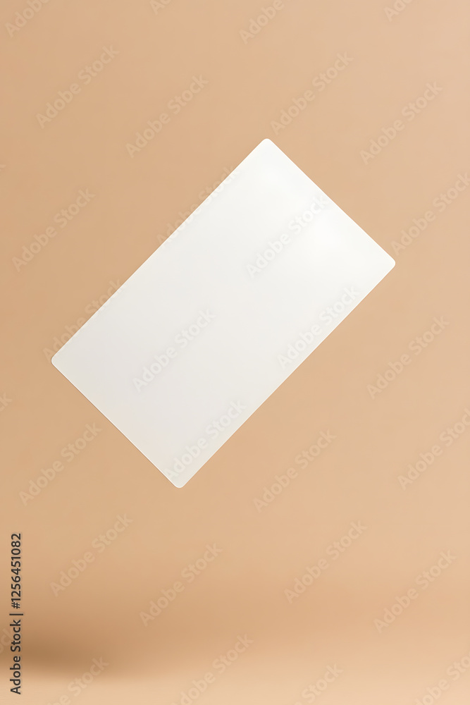 Poster minimalist white rectangle on beige: clean design element floating in empty space, ideal for graphic