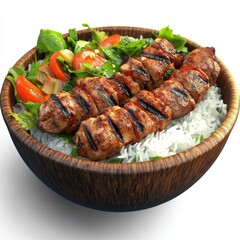 Close-up of a rice bowl with Turkish kebab and rice. Featuring a savory and spiced dish. Highlighting the texture and flavors of the kebab. Ideal for food and cultural themes.