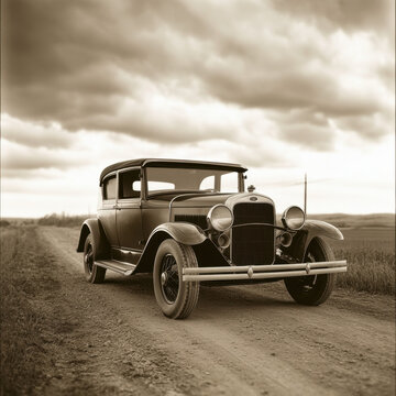 Fototapeta Vintage black-and-white photograph of a classic vintage car on a dirt road under a cloudy sky, evoking a sense of nostalgia and historical charm.