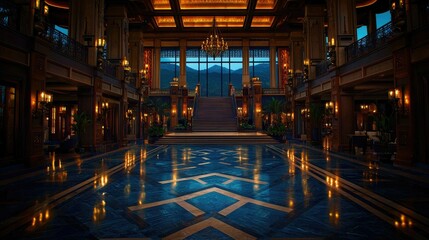 Grand Hotel Lobby with Mountain View at Dusk