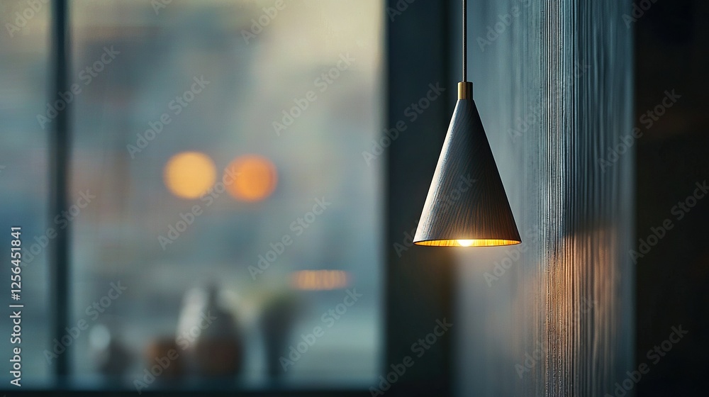 Poster a lamp dangles from a wall adjacent to a window offering a metropolitan view