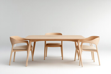 Modern rectangular wooden dining table set with comfortable chairs in neutral interior design