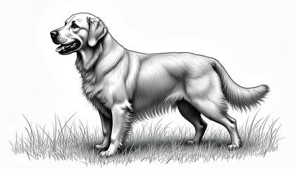 Golden Retriever sketch illustration. Hand drawn line art engraving of retriever dog. Visual image on white background depicts mammal purebred pedigree sitting domestic animal.