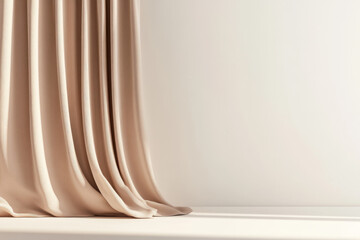 Soft beige curtains gently draping in a minimalist interior setting with neutral tones