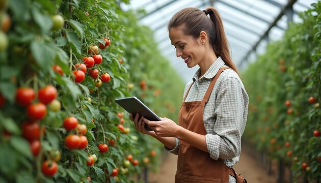Woman controls tomatoes plants quality in greenhouse with tablet. Happy female farmer inspecting tomato harvest. Farm worker using tablet tech in hothouse. Agribusiness concept. Organic food