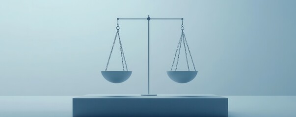 Minimalist balance scale in blue tones with empty bowls on pedestal