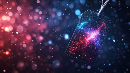 The hologram 55 percent. Holographic projection sale tag 55%. Flickering energy flux of particles. Scientific design of the sale campaign.