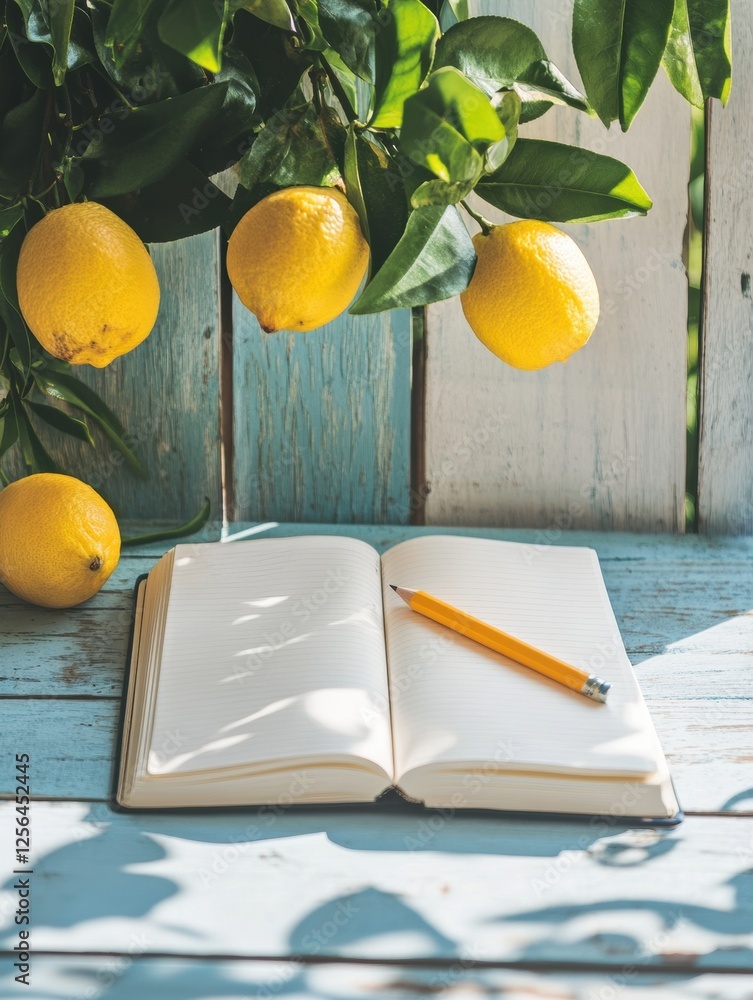 Poster Open notebook and pencil on a wooden desk with lemons hanging above, creating a bright and inviting workspace. Generative AI