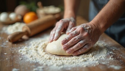 Fototapeta premium Close-up of man hands kneading dough with flour on wooden table. Person prepares pastry for bakery cooking. Culinary preparation, detail meal recipe, bread, chef artisan process.