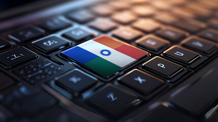 Computer keyboard, close-up button of the flag of Gambia. 3D render of a laptop keyboard