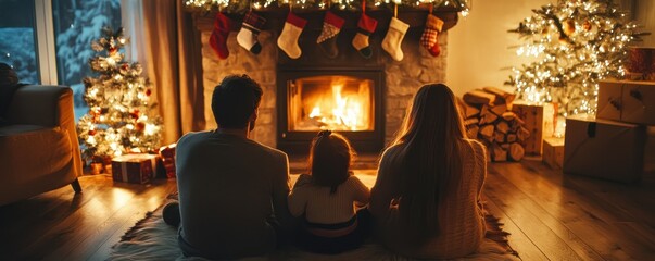 Obraz premium Cozy holiday scene with family by fireplace in decorated living room at christmas