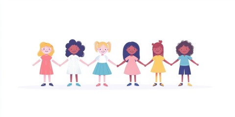 Fototapeta premium Cute cartoon-style illustration of children holding hands and smiling, on a white background vibrant colors, happy mood, featuring children of different ethnicities playing together Generative AI