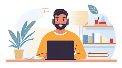 Happy adult man in headphones studying online, attending a virtual lecture or webinar, using a laptop and books at home