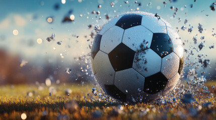 Fototapeta premium Soccer of the particles carries in the wind. Silhouette of a soccer player from circles.