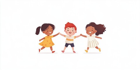 Fototapeta premium Cute cartoon-style children's illustration of happy, multiethnic kids holding hands and playing together, on a white background, with a simple, flat design Generative AI
