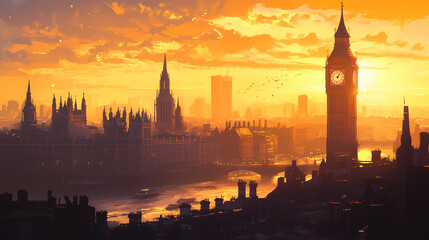 Naklejka premium London skyline: big ben and houses of parliament at sunset. Golden Hour Cyberpunk. Illustration
