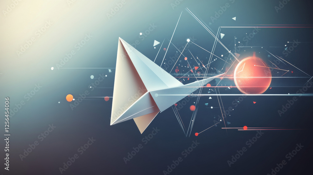 Aufkleber a polygonal paper airplane gliding through its route, designed with triangles, dots, and a network o